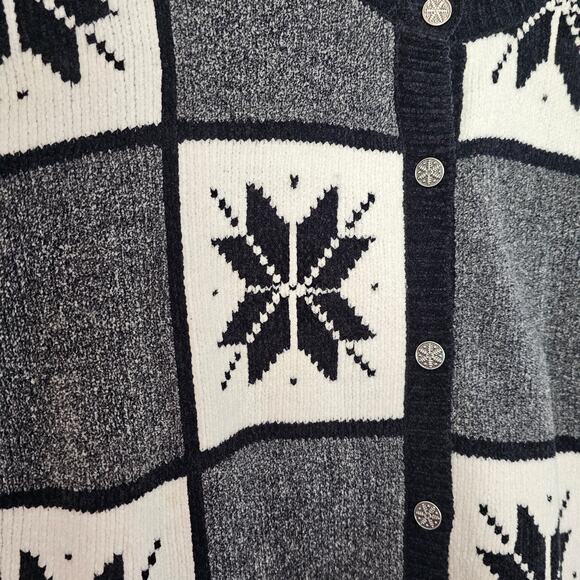 Vintage Christmas Cardigan Womens Sz Large Blk Snowflake Cottage Retro Patchwork - Picture 5 of 9